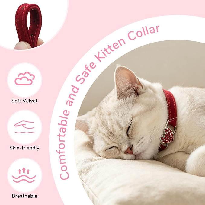 BINGPET Diamond Cat Collar,Adjustable Soft Velvet Leather Safe Kitten Collar with Crystal Heart Charm and Bells,Girl Boy Bling Stylish Cat Collars with Safety Elastic (Red, Neck Girth 8"-10"