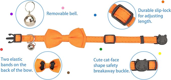 Cat Collar with Bow Tie Bell Breakaway Kitten Small Pet Safety Solid Wedding Basic Pure Color Suede Soft Adjustable [1pc] Orange