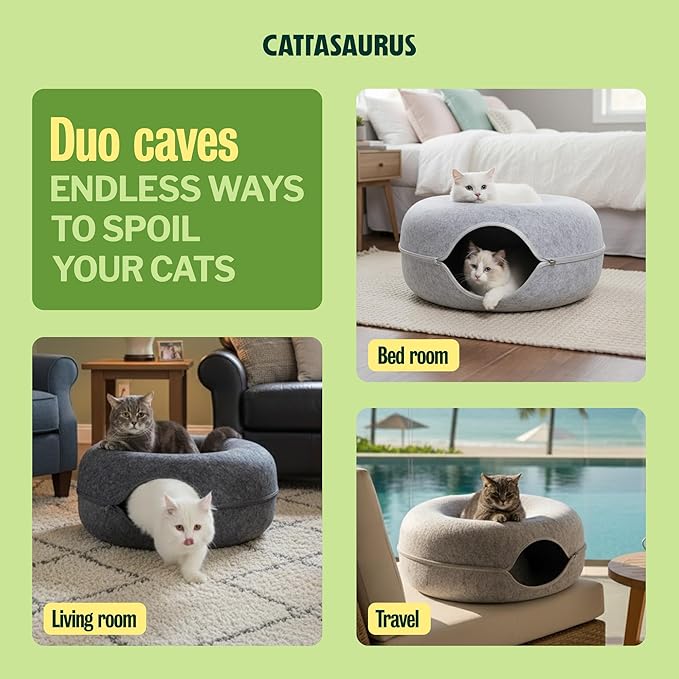 Cattasaurus Peekaboo Cat Cave Donut for Multiple & Large Cats up to 30-45 lbs, 3-in-1 Self Warming Cat Bed, Tunnel & Scratcher for Indoor Cats, Washable & Detachable (Light Gray + Dark Gray, Large)