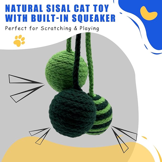 Hanging Cat Toy for Indoor Cats - Durable Sisal Cat Chew Rope Balls with Squeaker for Cat Tree - Teething Kitten & Best Cat Toys for Bored Indoor Adult Cats