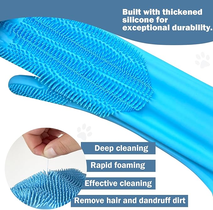 Pet Grooming Gloves for Cats Dogs, 3000 Silicone Grooves Bathing Gloves, Wet Dry Dual Use Washing Massage Gloves, Pet Bath Supplies for Gentle Cleaning Grooming（Blue）