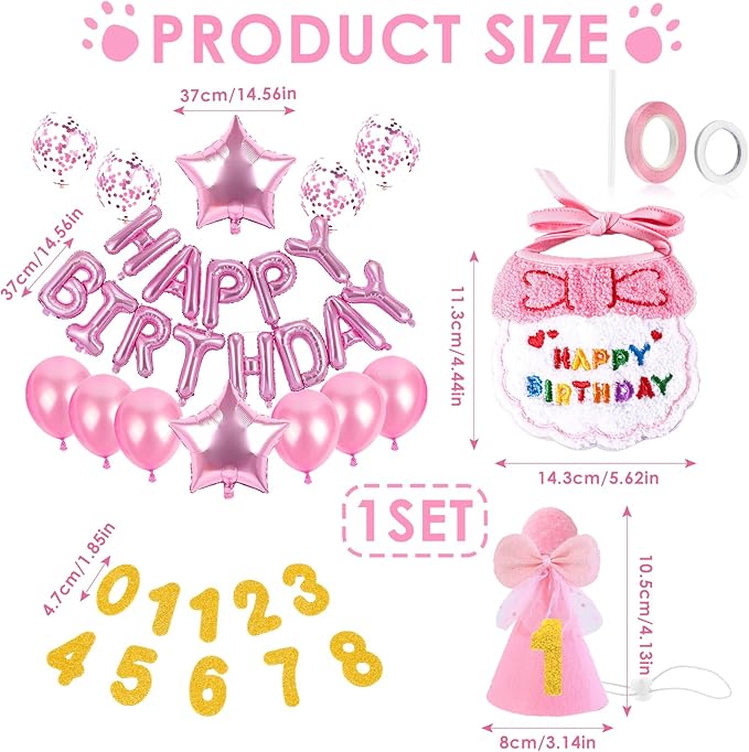Birthday Hat for Cat with Bandana, Cute Kitten Outfit and Celebration Accessories, Cat Birthday Party Supplies (Pink)