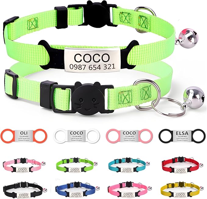 Cat Collar with Name tag, Adjustable and Durable Polyester Personalized cat Collar with Bell, Custom Carved pet Name and Phone Number, Suitable for Boys and Girls Cats,Grass Green