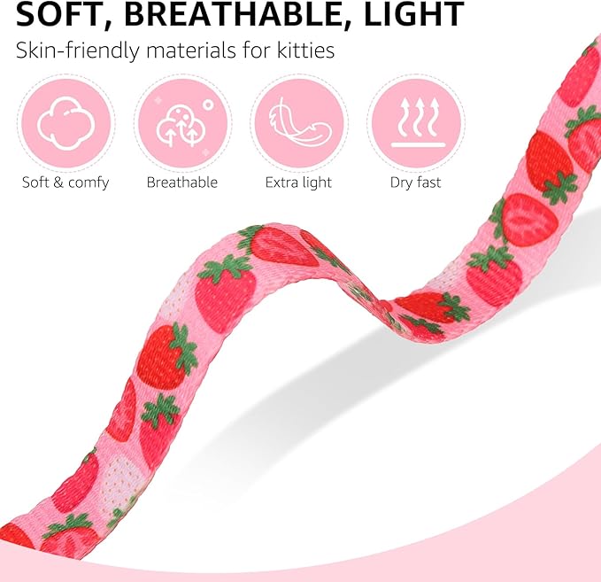 SCENEREAL Adjustable Cat Harness and Leash Set with AirTag Holder, Escape-Proof Design for Small to Large Cats, Lightweight Soft Travel Harness, Pink Strawberry