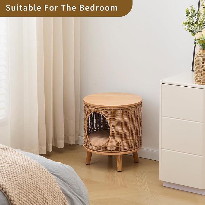 Rattan Cat House End Table, 2-in-1 Cat Bed Side Table, Stylish Pet Furniture for Indoor Cats in Living Room and Bedroom Brown