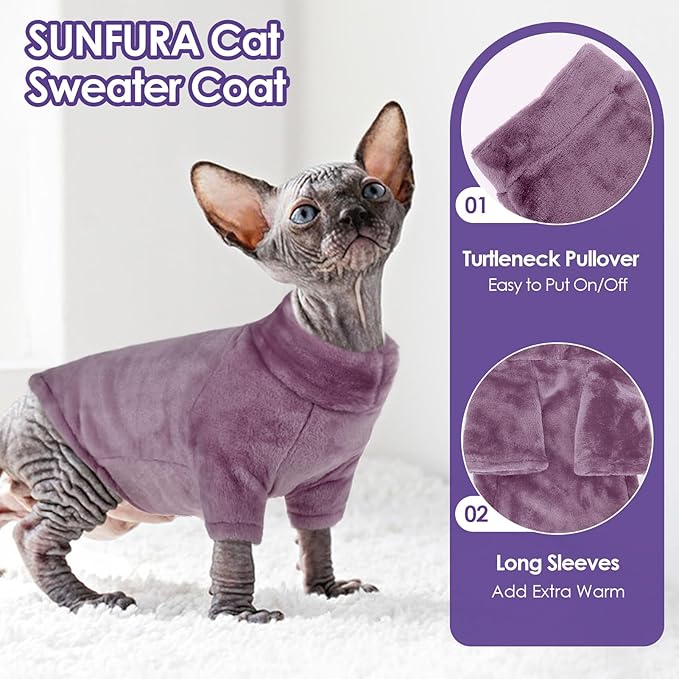Turtleneck Sweater Coat for Cats, Sphynx Cat Clothes Pajamas for Cats Only, Kitten Fleece Pullover Sweaters with Sleeves, Pet Warm Jumpsuit Cat Sweatshirt for Cold Weather, Purple S