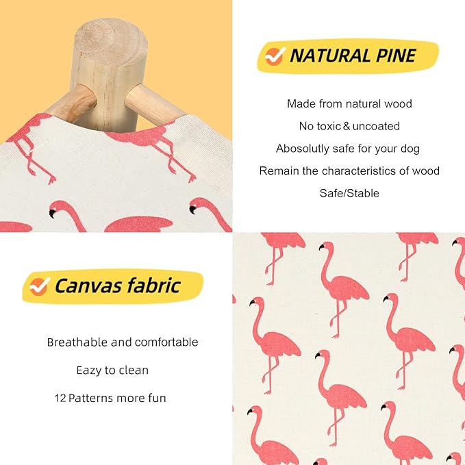 Patas Lague Cat and Dog Hammock Bed for Small Dogs, Brethable Wooden Cat Pet Rabbit Elevated Cooling Outdoor Bed Cots Furniture for Summer Flamingo