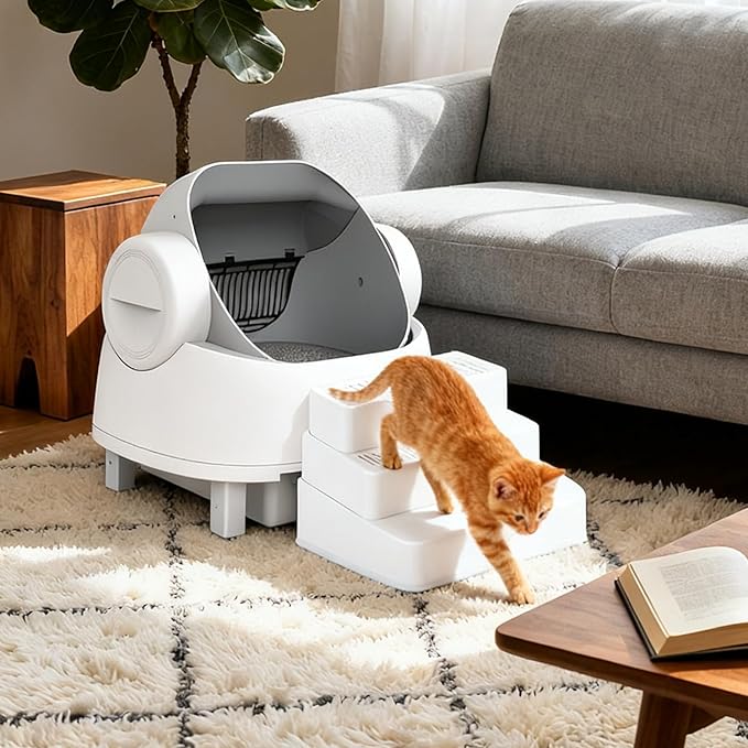 Adjustable 3 Steps Litter Box Ramp, Cat Ramp for Litter Box with Litter Trapper, Litter Box Step for Small & Elderly Cats, Fits Automatic Litter Boxes (White)
