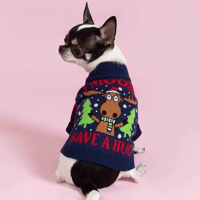 Fitwarm Funny Moose Dog Ugly Christmas Sweater, Winter Dog Clothes for Small Dogs Girl Boy, Pet Xmas Outfit, Navy, Large
