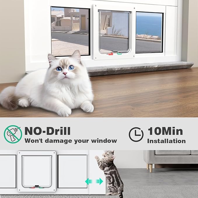 Aluminum Cat Door for Windows - Adjustable to Fit Window Width 32"-36", Quick-Fit Cat Door Window Insert, Magnetic Suction Design, Perfect for Cats