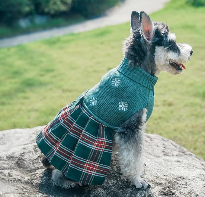 Green Embroidery Snowflake Chihuahua Clothes, Holiday Festive Christmas Dog Sweater Dress for Girl Puppy, Plaid Cat Outfit, X-Small (XS) Size Back Length 9"
