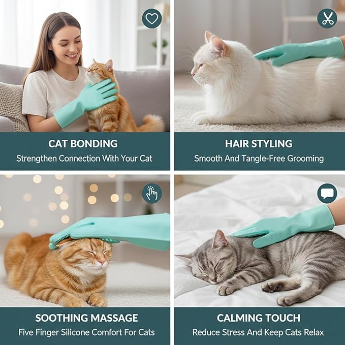 Cat Grooming Gloves for Hair-Removal: Effective at Removing 99% Loose Fur - Keep Home Sofa/Clothes Fur Free Cleaning & Silicone Bristles - Gentle Grooming for Short-long Hair Cats (2 Pack)