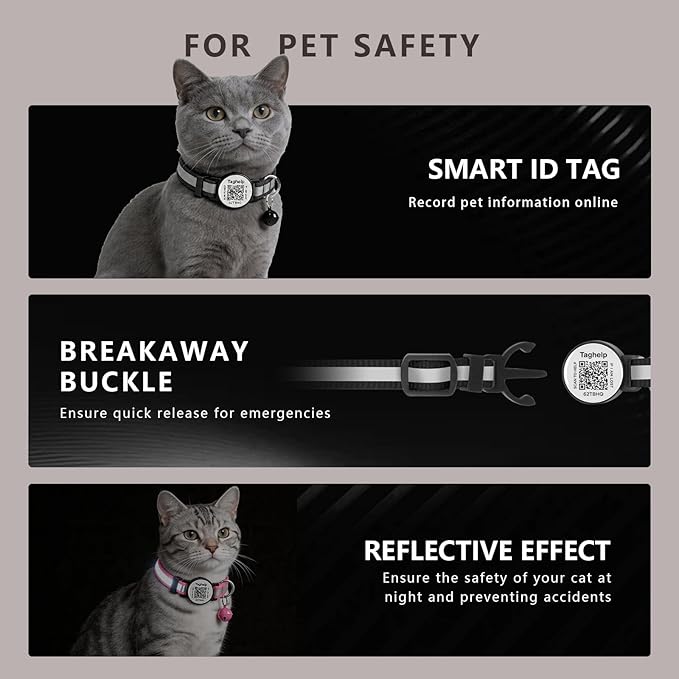 2 Pack QR Code Cat Collar for Lost Cat Recovery, Breakaway Reflective Collar with Bell & Instant Online ID, Adjustable 7.5-12.5 Inch for Peace of Mind (Black & Rose Red)