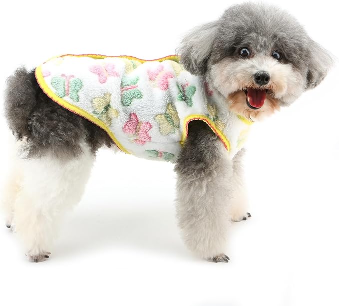 Cute Jacquard Butterflies Pet Fleece Vest for Small Dog Puppy Sleeveless Sweater Back Button Down Yorkie Chihuahua Fall Winter Clothes Cat Clothing,White,XS