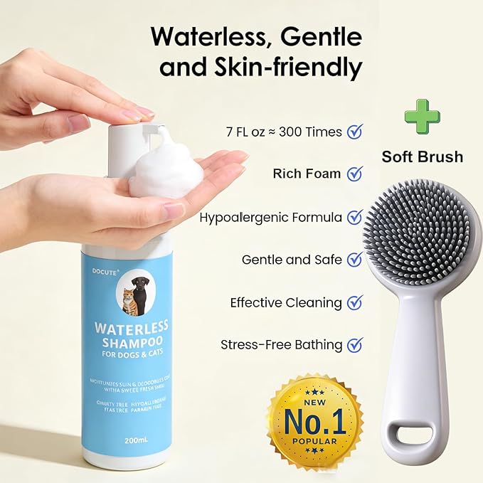 Waterless Cat Shampoo with Brush, Cat Bath No Rinse Dry Foam, Reduce Itchy Skin Shedding and Odor Control, Cats Kitten Shampoo