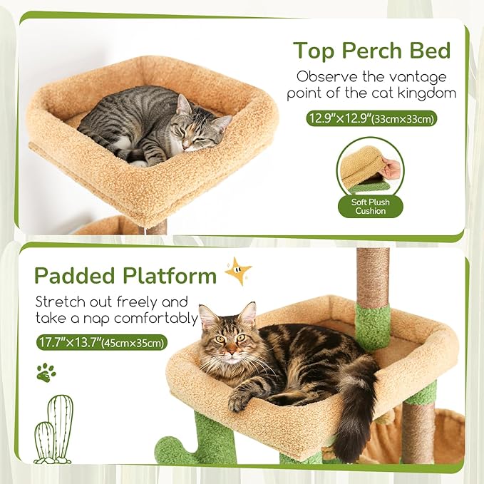 Globlazer Cactus Cat Tree Condo Tower for Indoor Cats, 52in Multi-Level Cat Scratching Tree with 2 Cat Condos, 5 Sisal Scratching Posts, 2 Padded Perches, Sturdy Basket, Widened Base, S52, Green