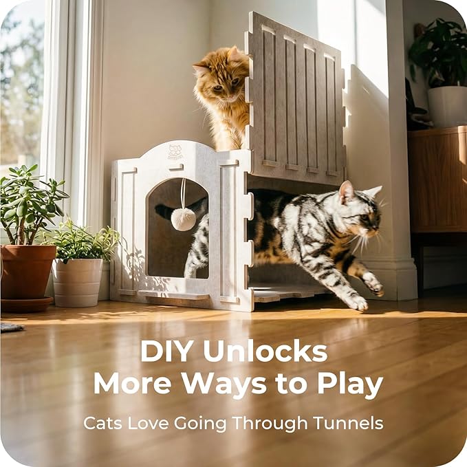 Cat Bed Cave for Indoor Cats: New Felt Cat Bed with Fluffy Ball, Foldable Cat House with Scratch-Resistant Board, Hideaway Cat Cave for Timid Cats, Sturdy Two-Tier Cat Condo & Cat Houses