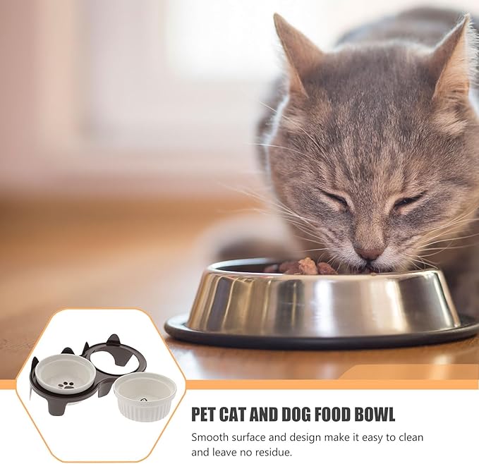 Ceramic Elevated Cat Bowl Set with Thick Double Bowls and Brown Sturdy Stand, Angled Feeding and Watering Dish for Indoor Cats and Kittens