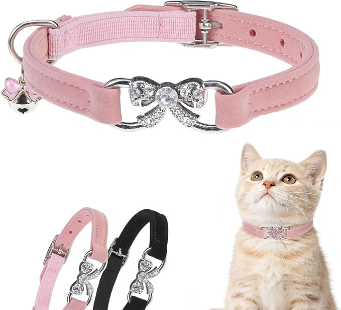 BINGPET Bling Cat Collar with Bells and Safety Belt,Adjustable Soft Velvet Kitten Collar with Diamond Bow,Cute Pink Cat Collars for Girl Cats(Pink, Neck Girth 8"-10")