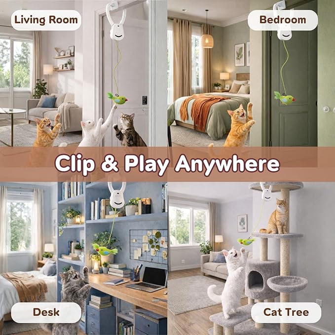AIXINPET Interactive Cat Toys for Indoor Cats - 2 Motion Modes (360° Spin & Irregular Jumping), with Bird&Mouse attachments, USB Rechargeable Door Hanging Toy - for Kittens Adult Multi-Cats Households