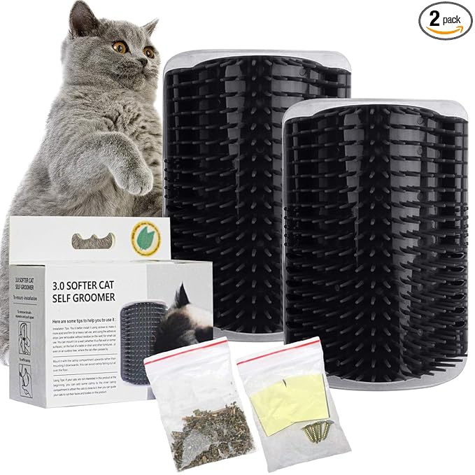 2 PACK Self Groomer, Softer Cat Corner Scratcher For Wall, Pet Grooming Massage Brush, Face Scratcher For Kitten with Long & Short Fur (Black)