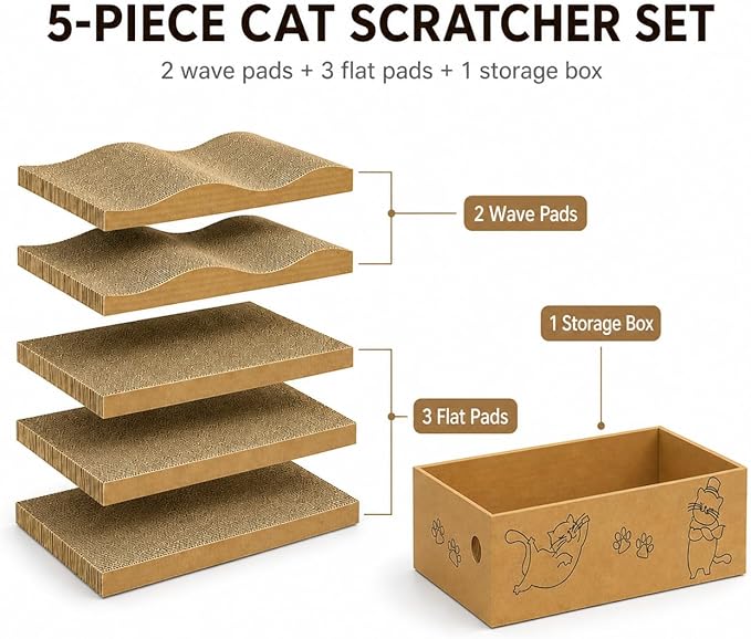 5 Packs Cat Scratcher Set with Storage Box, 2 Wave Lounge Pads + 3 Flat Corrugated Cardboard Scratch Pads for Indoor Cats, Replaceable Scratch Boards to Protect Furniture
