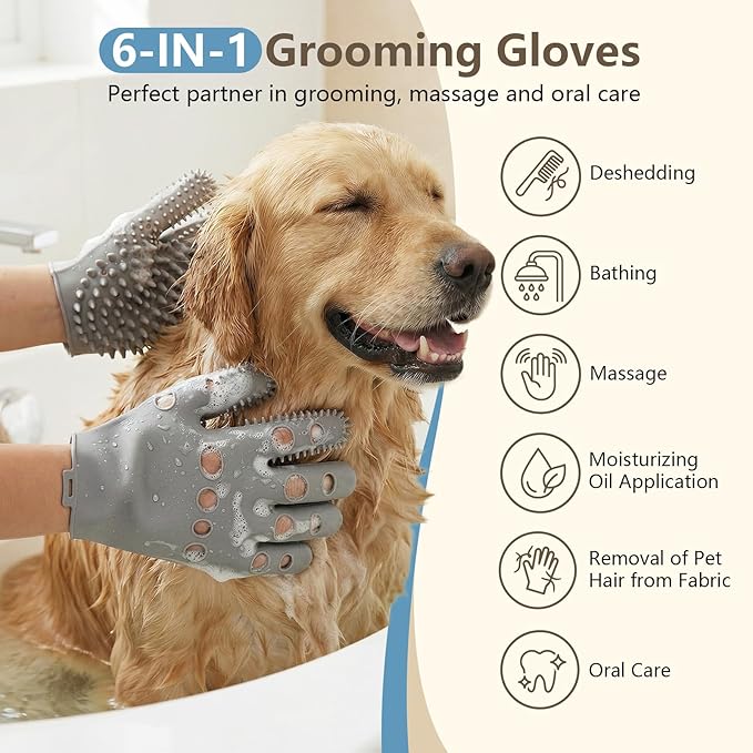 Pet Grooming Gloves for Cats & Dogs, Silicone Pet Hair Removal Glove for Bathing, Shedding & Massage, Gentle Cat & Dog Grooming Glove for Long & Short Hair Pets（Grey-Medium）