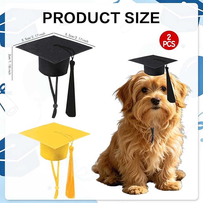 Mini Graduation Caps with Tassel, 2 Pack Gold and Black Mini Graduation Caps, Small Animal Bachelor Hats for Adjustable Pet Graduation Photo Props Cat Dog Holiday Costume Accessories