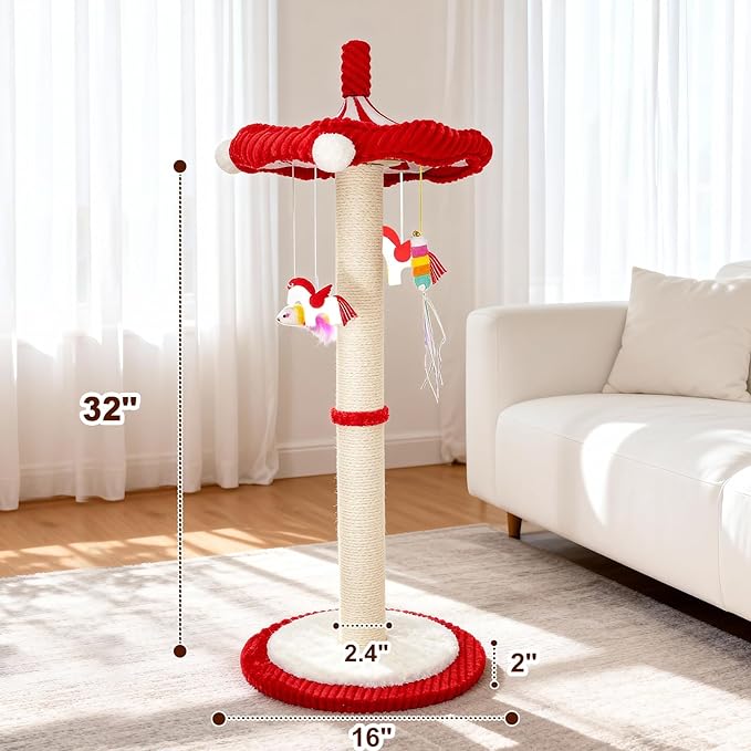 Carousel Interactive Cat Toys for Indoor Cats, 32" Tall Cat Scratching Posts for Indoor Cats Adults with Rotating Top, Cute Cat Scratch Post with Hanging Cat Toys, Medium