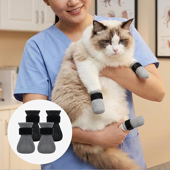 8Pcs Cat Mittens to Prevent Scratching, Adjustable Cat Booties Kitten Mittens, Mesh Breathable Cats Claw Protectors Covers, Anti Scratch Cats Shoes Socks Booties for Pet Bathing Cutting Nails