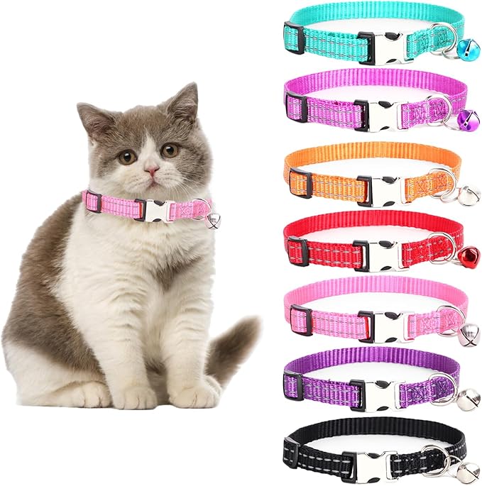 Custom Engraved Cat Reflective Collars with Name & Phone Number,Personalized Adjustable Buckle&Bell ID Tag Collar for Kittens&Cats
