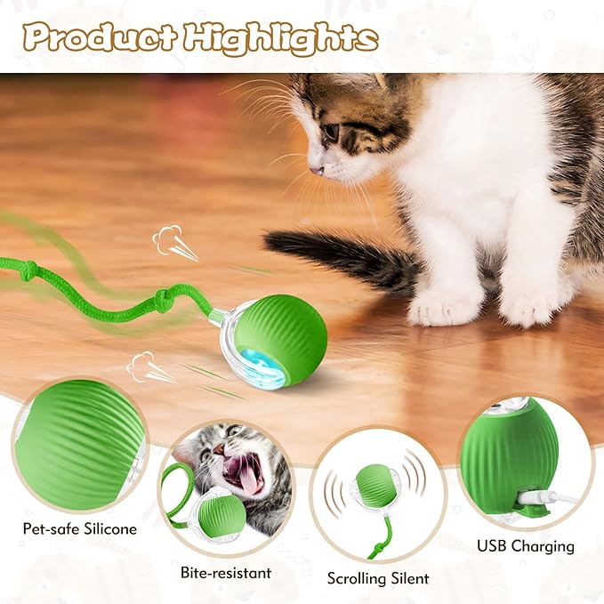 Interactive Cat Ball Toys for Indoor Cats, Peppy Pet Ball, 2025 Upgraded Automatic Kitten Toy for Bored Indoor Adult Cat, 360°Smart Rolling Toy (Green)