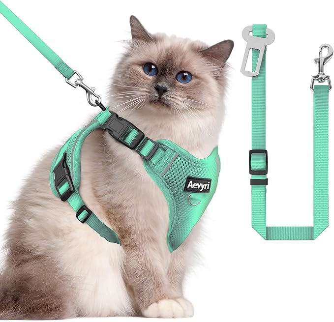 Cat Harness and Leash for Walking, The Upgrade Can be Adjusted in Four Directions and Breathable Cat Harness for Anti Escape that can be Fitted and Positioned, Reflective Strips Harness, Green, L