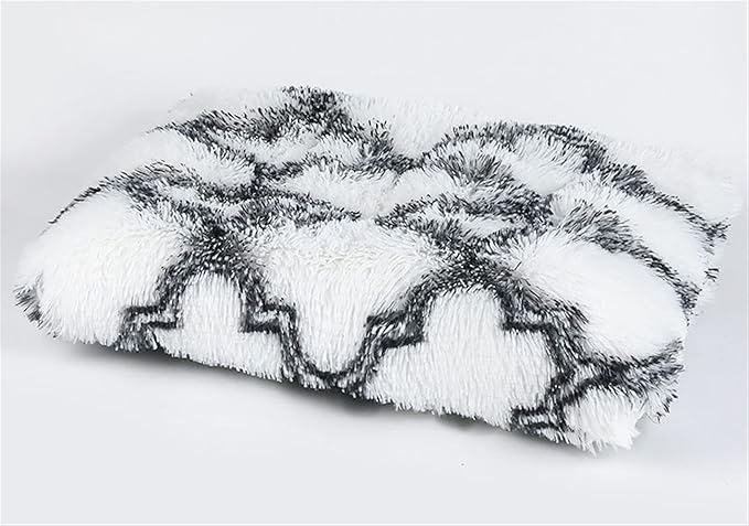 Long Plush Calming Pet Bed Cuddler Pet Bed for Dogs and Cats Fluffy Faux Fur Dog Bed with Anti Slip Bottom Machine Washable Pet Sleep Bed Crate Mat Geometric White XL