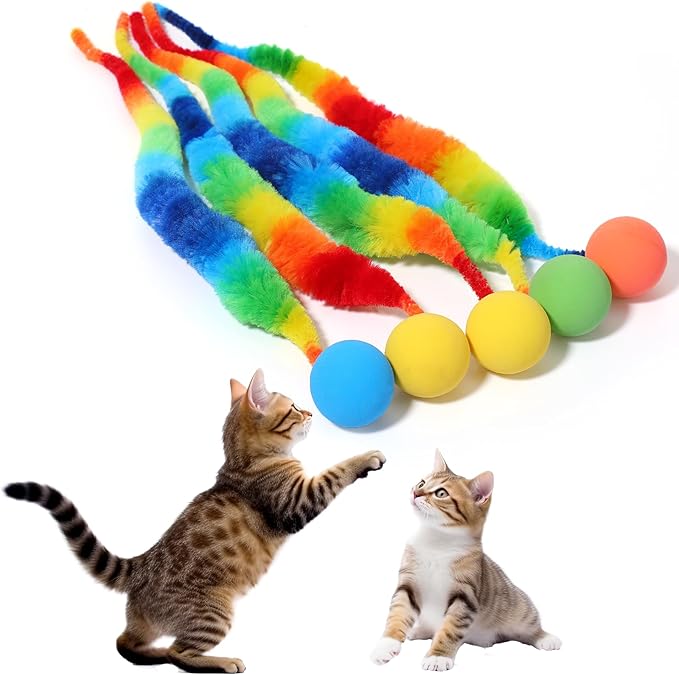 QfwdfcTrenz 5 Pcs Fuzzy Balls for Cats Bouncy Ball Colorful Fuzzy Bouncy Cat Balls Toy FuzzyWorms Pom Pom Cat Toys (Ball Colors are Random)