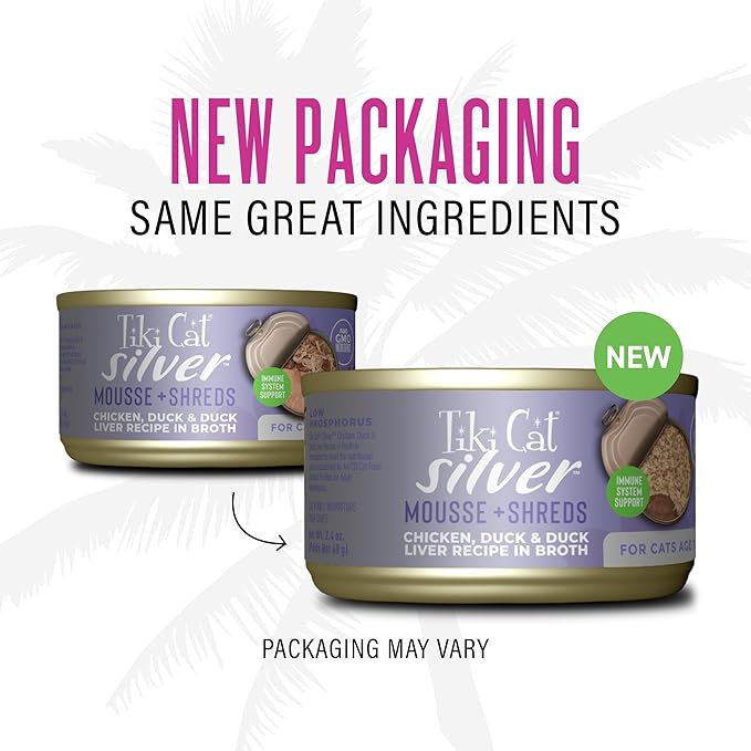 Tiki Cat Silver Wet Cat Food for Seniors, Chicken, Duck & Duck Liver, 2.4 oz. Cans (12 Count)