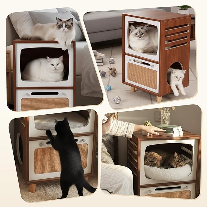 2-in-1 Wood Cat House & Side Table with Scratching Board - Retro TV Style Multi-Level Cat Bed and Furniture for Indoor Cats, Functional Home Decor for Living Room & Bedroom