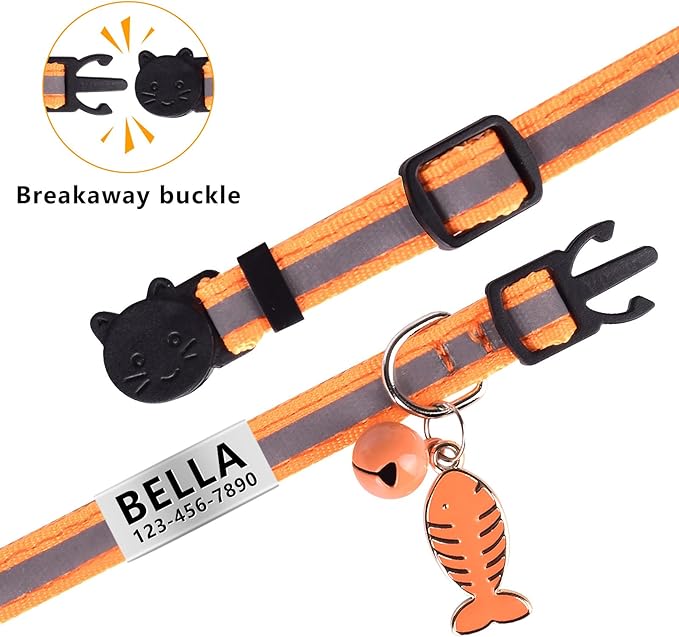 La Reine 2 Pack Cat Collar with Name Tag, Personalized Reflective Cat Collar Breakaway with Bell and Fish Bones and Heart Pendant (Orange)