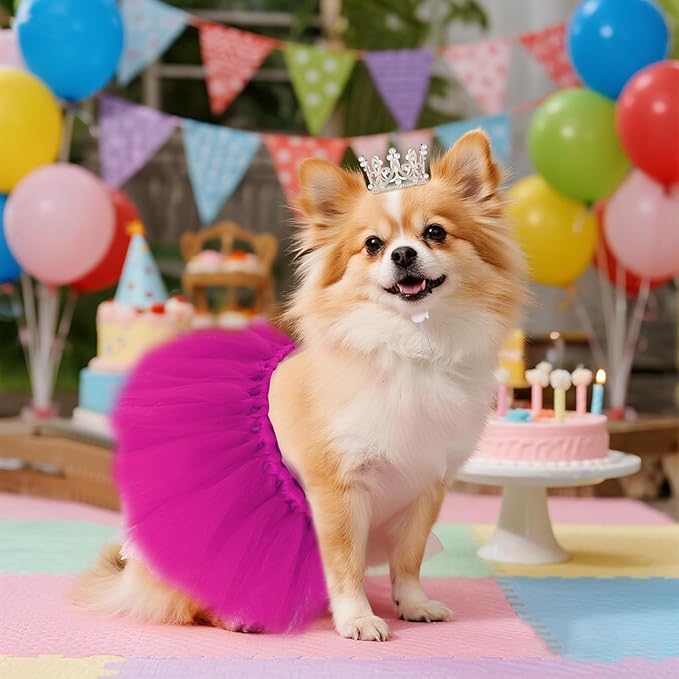 Pet Costume Set Tutu Skirt with Pearl Crown for Small Dog Cat Halloween Birthday Wedding Photo Prop Costume (Rose Red)