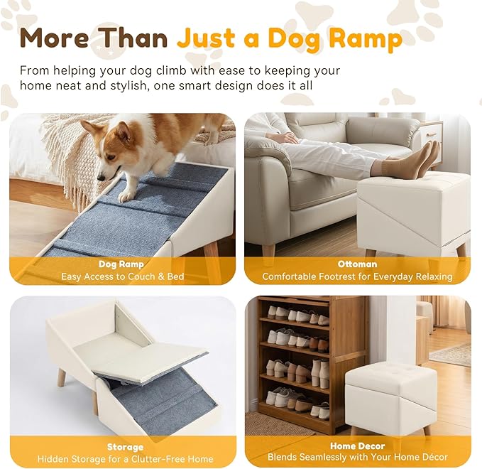 Dog Ramp for Small Dogs, 15.7" H 3-in-1 18.5" Extra Wide Foldable Ottoman & Hidden Storage Design Dog Stairs for Couch Sofa Bed, Non-Slip Pet Steps for Puppy Senior Injured Dogs (White)