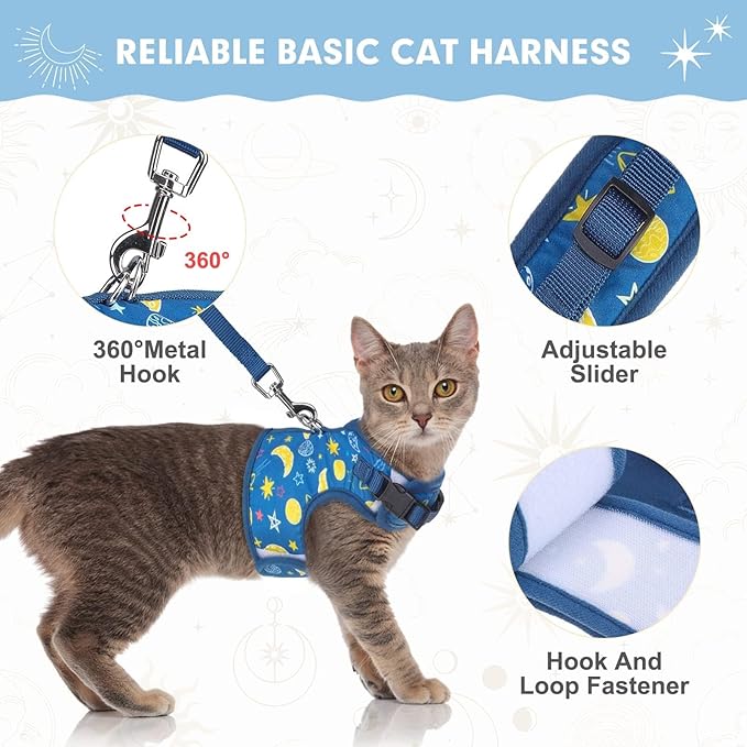BINGPET Cat Harness with Leash Escape Proof - Fashionable Mesh Cat Dog Walking Harness Leads, Adjustable for Kitties Puppies Small Animals,Galaxy