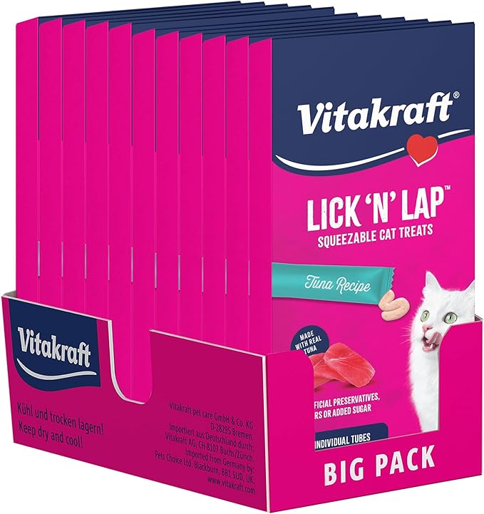 Vitakraft Lick ‘N’ Lap Real Tuna Squeezeable Liquid Cat Treats, Lickable, Broth #1 Ingredient, No Artificial Colors, Preservatives or Added Sugar, for Hydration, 0.52 oz. Tubes, 44 Count