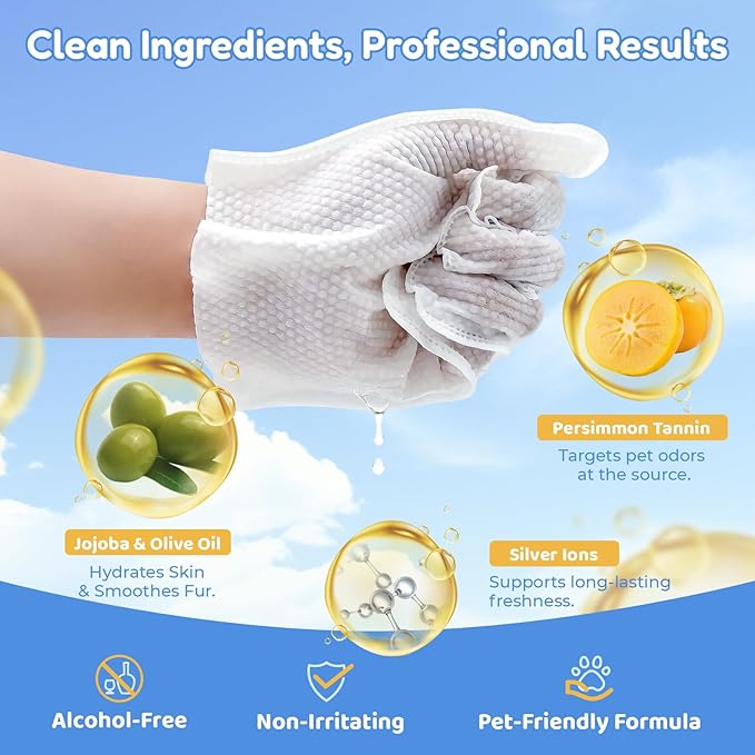 Pet Hydrosol SPA Glove Wipes, 10 Individually Wrapped Packs, No Rinse Dog & Cat Grooming Wipes, Deodorizing Waterless Pet Cleaning Gloves with Jojoba Oil & Olive Oil for Travel & Home