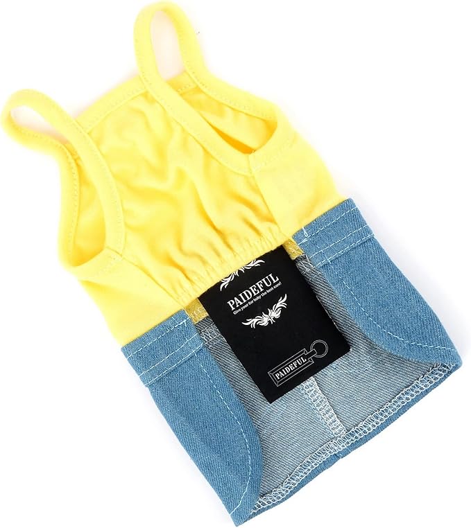 PAIDEFUL Small Girls Dog Denim Dress Spring Summer Sundress Cartoon Patch Soft Comfortable Puppy Clothes Cute Sleeveless Pullover Cats Costume Birthday Party, Yellow, XS