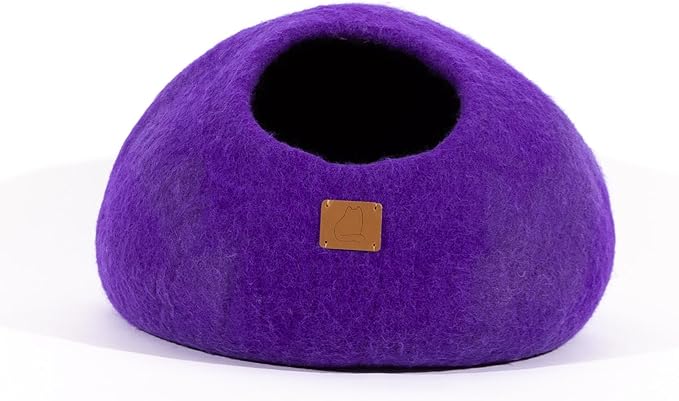 Best Aesthetic Cat Bed - Premium Felted Wool Cat Cave Bed - Cozy Peekaboo Round Cave for Large or Small Cats (Small, Plum Purple)