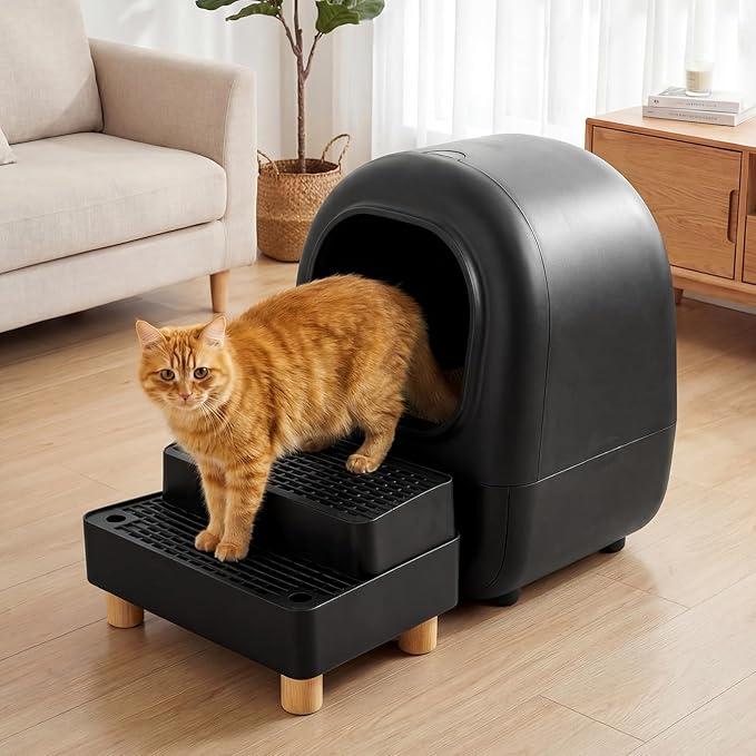Adjustable 2 Steps Litter Box Ramp, Cat Litter Catcher Mat with Wooden Feet, Filter Function, Litter Box Step for Small & Elderly Cats, Fits Automatic Litter Boxes (Black)