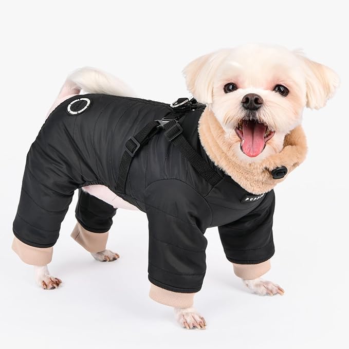 Puppia Everson Dog Jumpsuit Winter Season Intrgrated Harness for Small and Medium Dogs, Black, X-Large