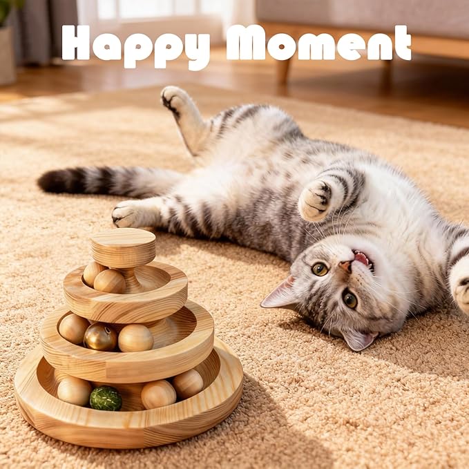 Wooden Cat Toy Ball Track Interactive Cat Toys for Indoor Cats 3 Tier Cat Tower with 9 Removable Balls Bell Catnip Toys for Cats Mental Physical Exercise Kitten Toys Puzzle