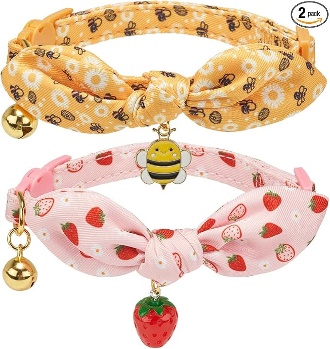 2 Pack Cotton Cat Collar, Removable Bowtie, Floral Pattern, Safety Breakaway Clasp, Adjustable for Cats.(Adult Cat, Bee+Strawberry)