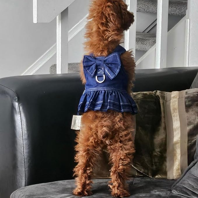 Denim Pet Dress & Vest Harness for Dog Cat, Male Female Universal with D-Ring, Bow Decor Ruffled Skirt Breathable Clothes for Small to Large Pets (X-Small, Skirt-Blue Denim)